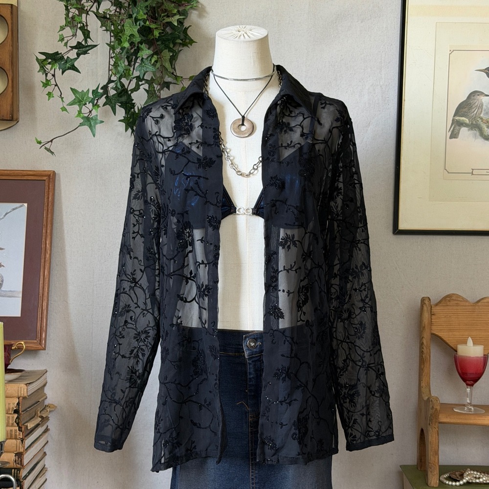 Black Floral Burnout Sheer Overlay Shirt Whimsygoth Dark Romantic S Sparkly 90s